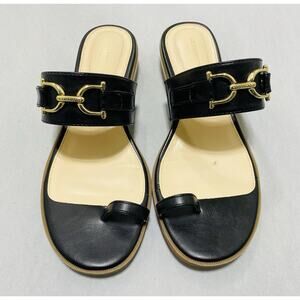 Liz Claiborne Black Argent Black Heeled Sandals Sz 9 Dress Shoe Kitten Gold